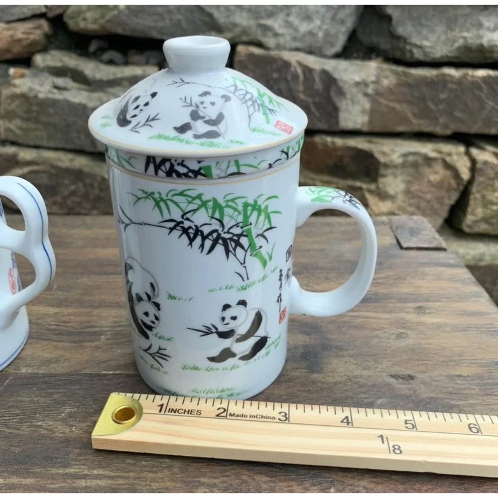 Chinese Porcelain Tea Mugs with Infuser Strainer Lids Panda Water Buffalo Set 2